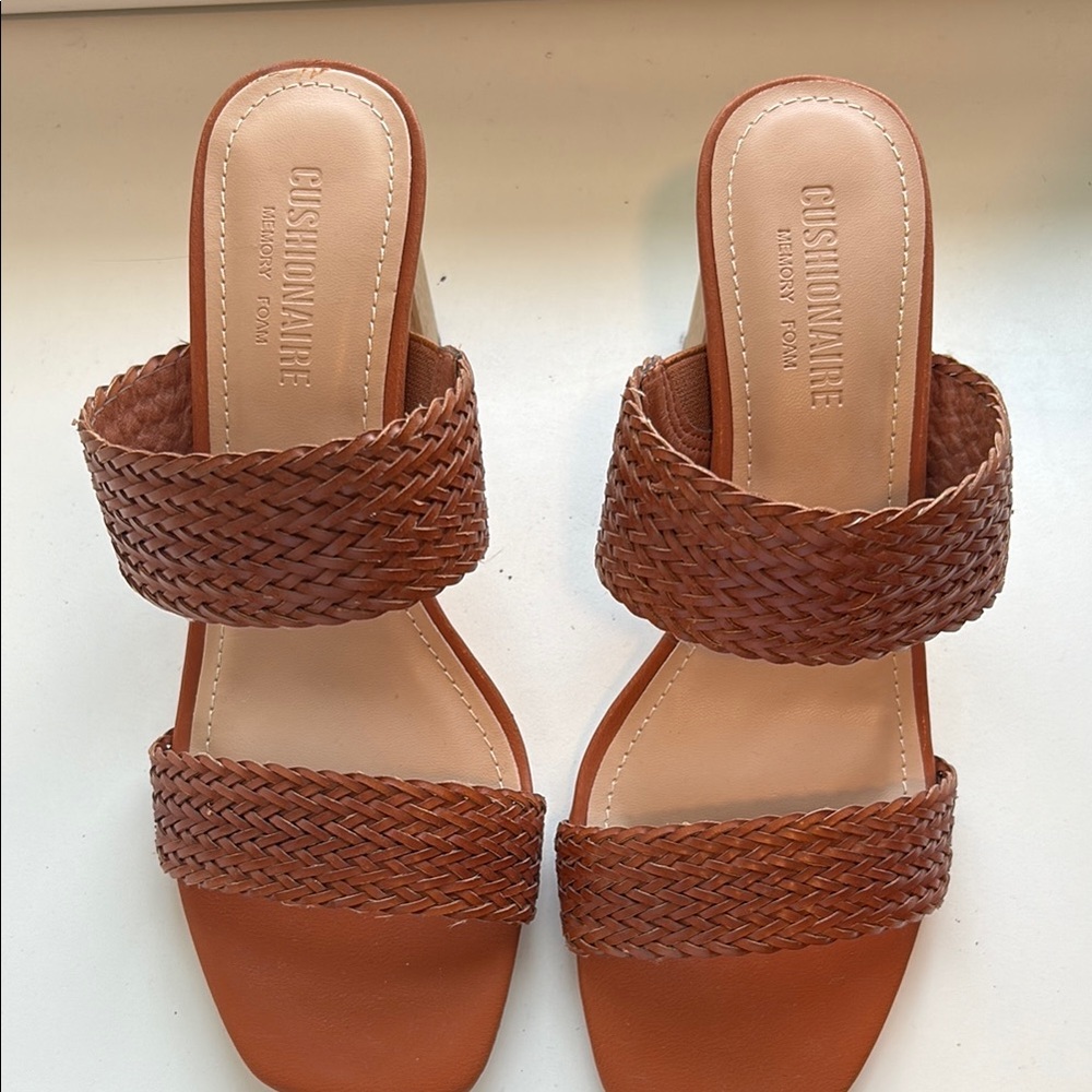 Tan Woven Leather Sandals with Square Toe